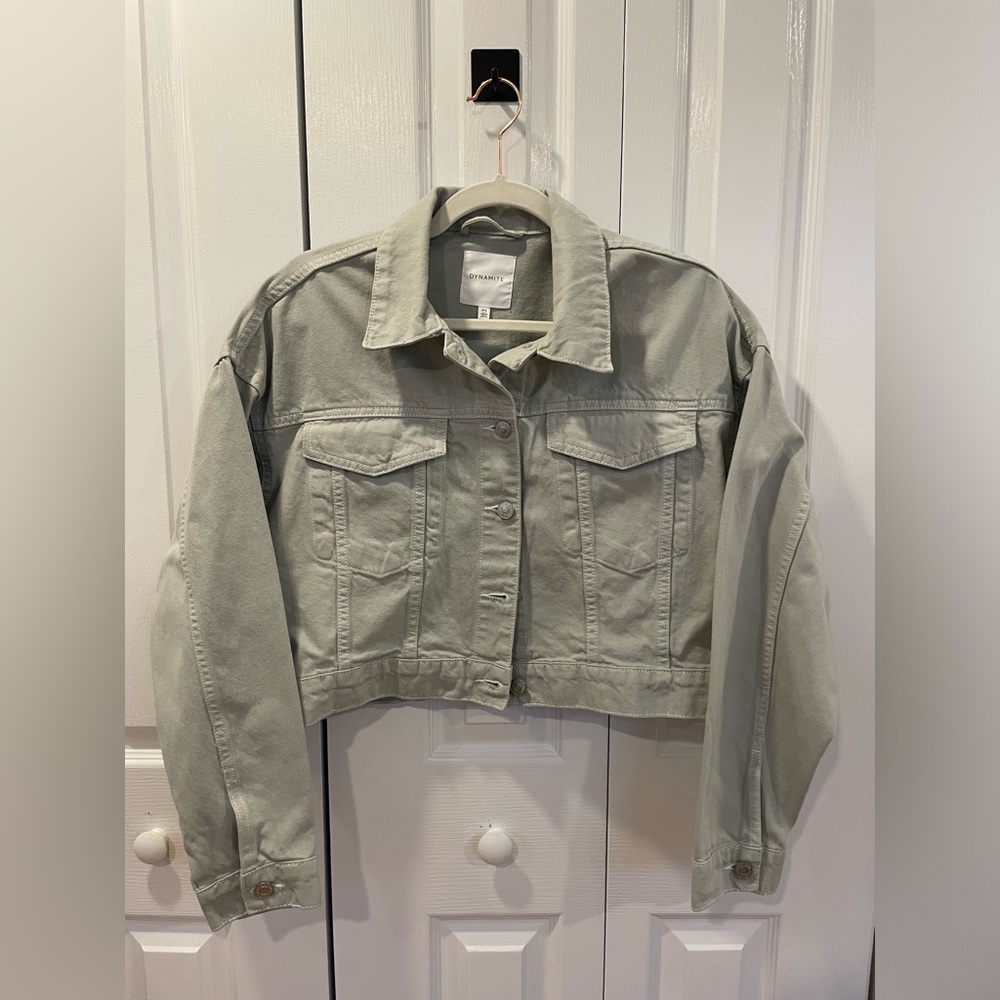 green pastel cropped denim jacket